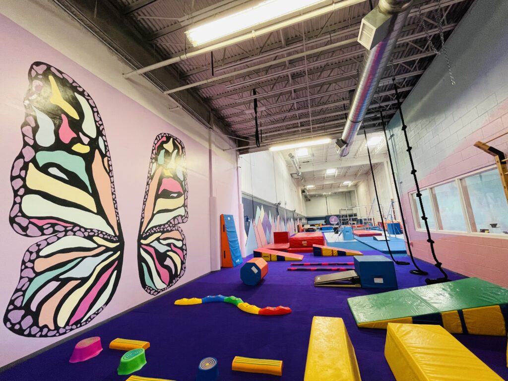 Check out the Purple Preschool area with butterfly mural during preschool open gym